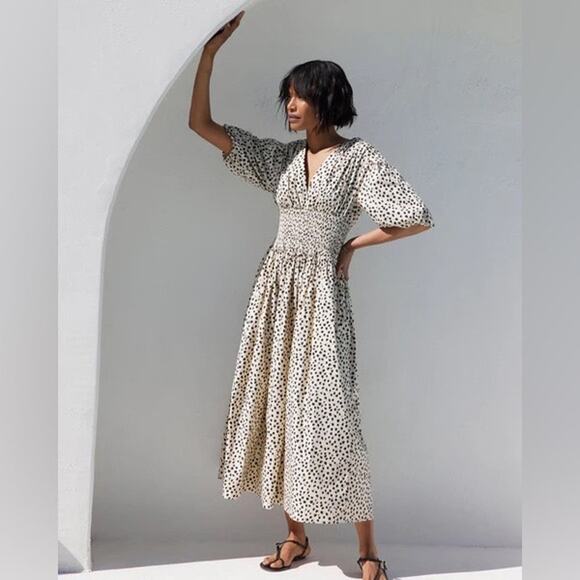 AYR The Extra Extra Smocked Midi Dress Size Medium Spot Animal Print Puff Sleeve - Picture 2 of 14